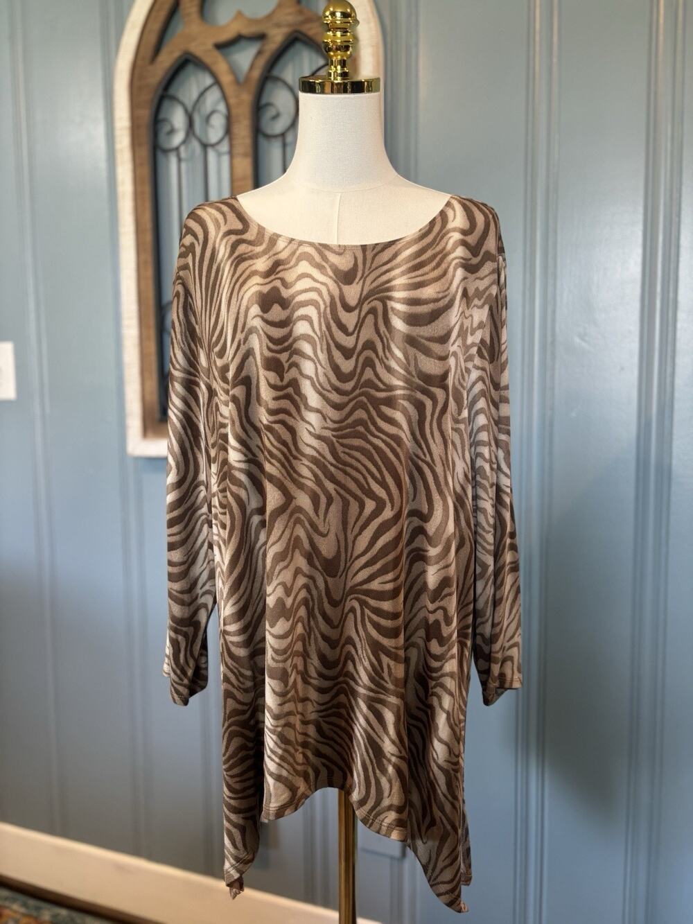 Chico's 3-XL Womens Brown Beige Zebra Print Boat Neck Long Sleeve Knit Tunic Top